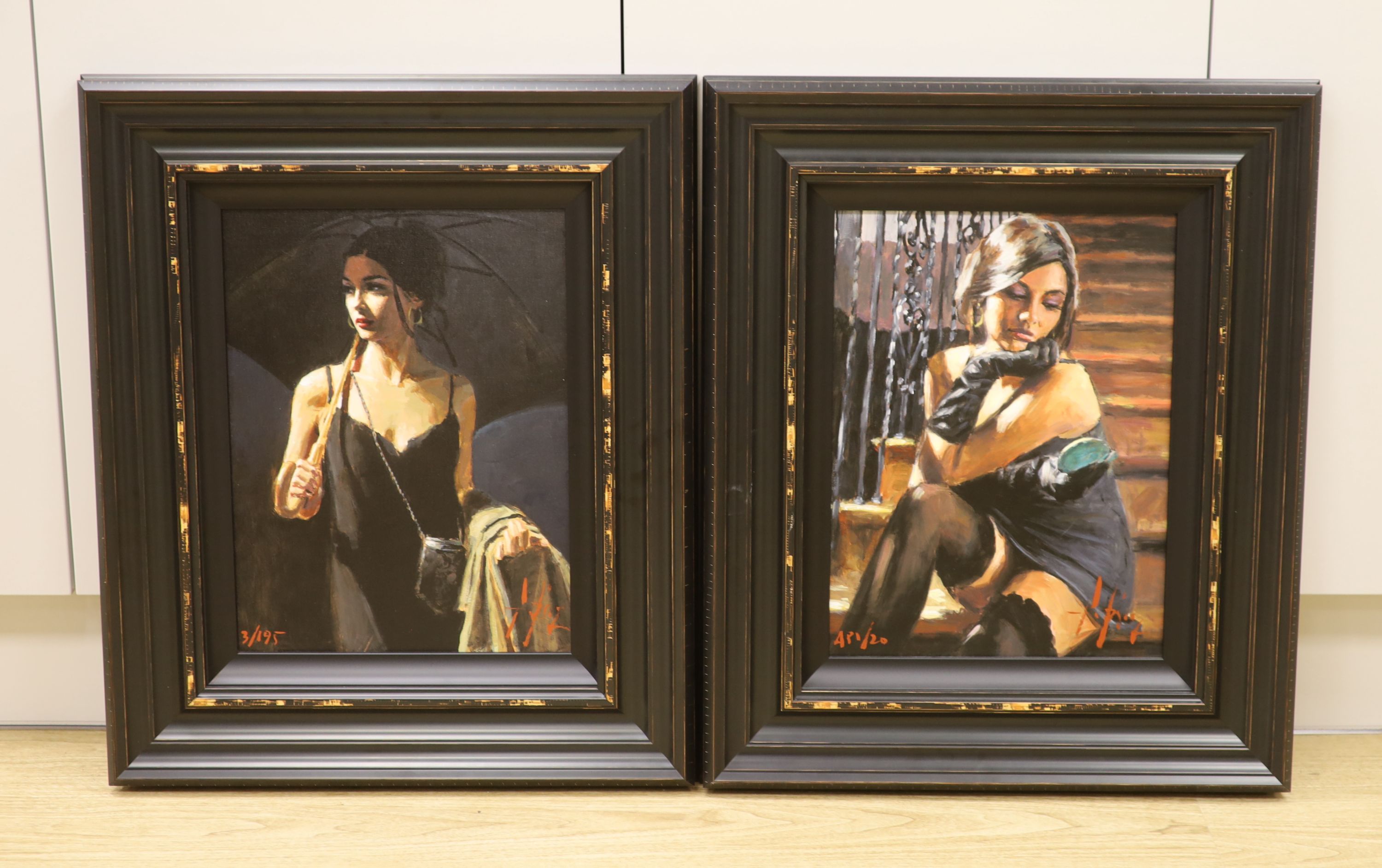 Fabian Perez, two hand embellished giclee canvases, Night Walk IV, 3/195 and Saba on the Stairs, ap 1/20, both with COA